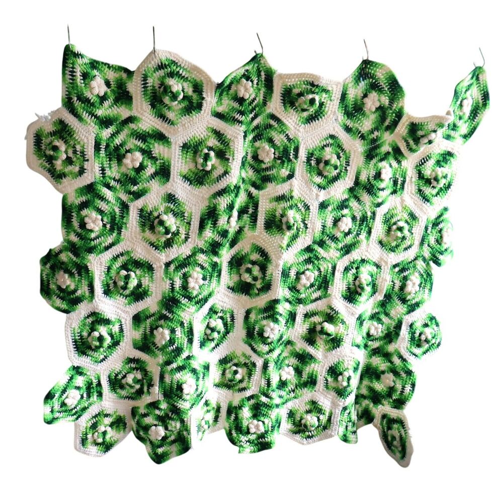 Handmade Green Hexagon Crochet Blanket‎ 48x48 3D Flower Granny Throw